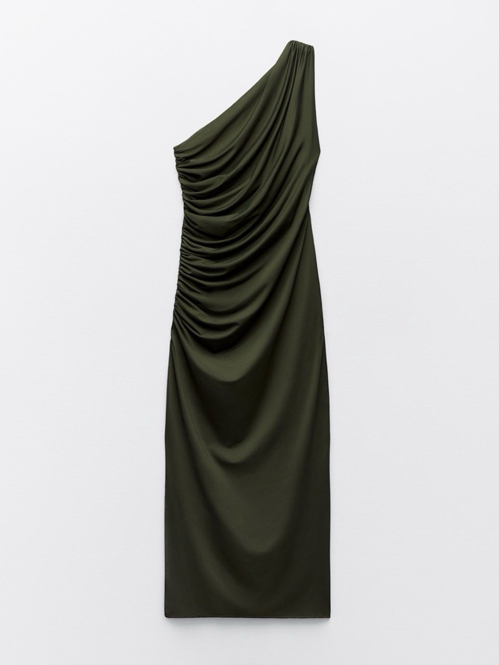 Zara One-Shoulder Olive Green Ruched Midi Dress